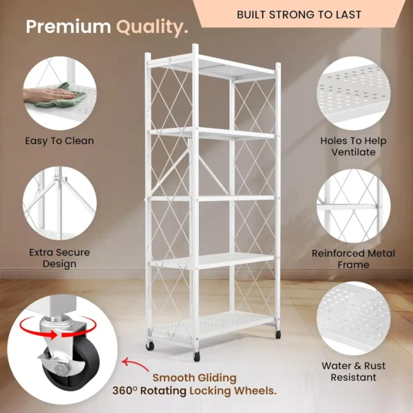 5-Tier Foldable Storage Shelf with Wheels | Metal Rack Collapsible Shelving Display | Rolling Cart for Books Kitchen Storage Shelf