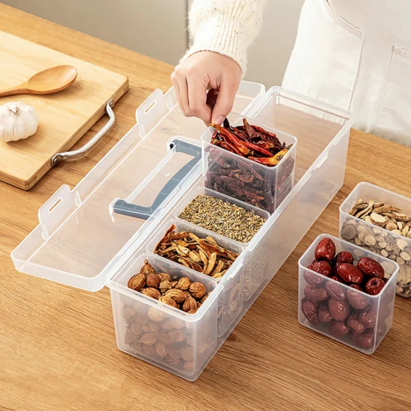S2fa57472e6f0448ba8ed60bf82504d47C.webp 6 Compartment Sealed Spice Storage Container Reusable Moisture-proof Plastic Food Storage Box With Handle Kitchen Organizer