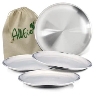 S5eff9158433542eb80358b17096cfb72k.webp 20cm Round Metal Dish Camping Stainless Steel 304 Serving Dinner Plates 4 Pack with alleco cotton bag for BBQ, Snack, Salad