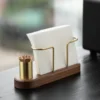 HeMu Walnut Wood & Brass 2-in-1 Napkin Holder with Toothpick Dispenser – Elegant Table Organizer for Kitchen, Dining Room & Café