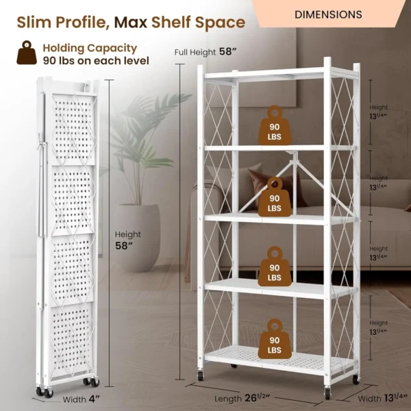 5-Tier Foldable Storage Shelf with Wheels | Metal Rack Collapsible Shelving Display | Rolling Cart for Books Kitchen Storage Shelf