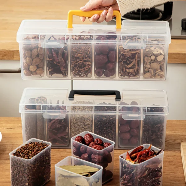 Sb1fea3a0daf3412dbb48a139964ba893V.webp 6 Compartment Sealed Spice Storage Container Reusable Moisture-proof Plastic Food Storage Box With Handle Kitchen Organizer