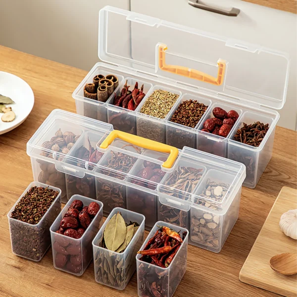 Scc5b4f71ea834bb590f315db8cf12123P.webp 6 Compartment Sealed Spice Storage Container Reusable Moisture-proof Plastic Food Storage Box With Handle Kitchen Organizer
