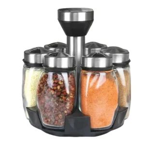 Sf7ef07ec816d4f339421bcbaddc62d0fu.webp 7pcs Spice Jar Set Rack Glass Organizer Rotating Glass Seasoning Sugar Pepper Bottles Salt Shakers Holder Kitchen Storage Rack