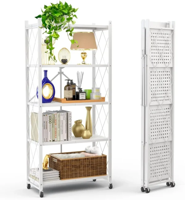 5-Tier Foldable Storage Shelf with Wheels | Metal Rack Collapsible Shelving Display | Rolling Cart for Books Kitchen Storage Shelf